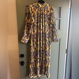 Boho Pleated Paisley Midi Dress | XL | Mustard Yellow